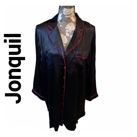 JONQUIL Black Satin Nightshirt w/ Red Trim size large - Picture 1 of 7